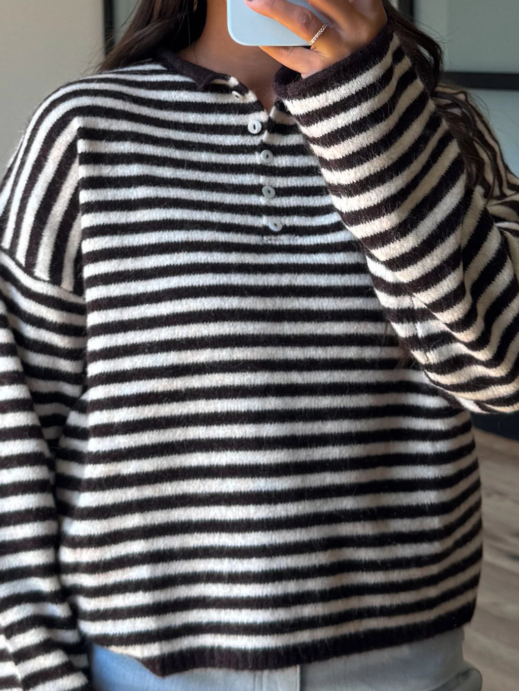 Drop Shoulder Striped Henley Knit Sweater - black - 5