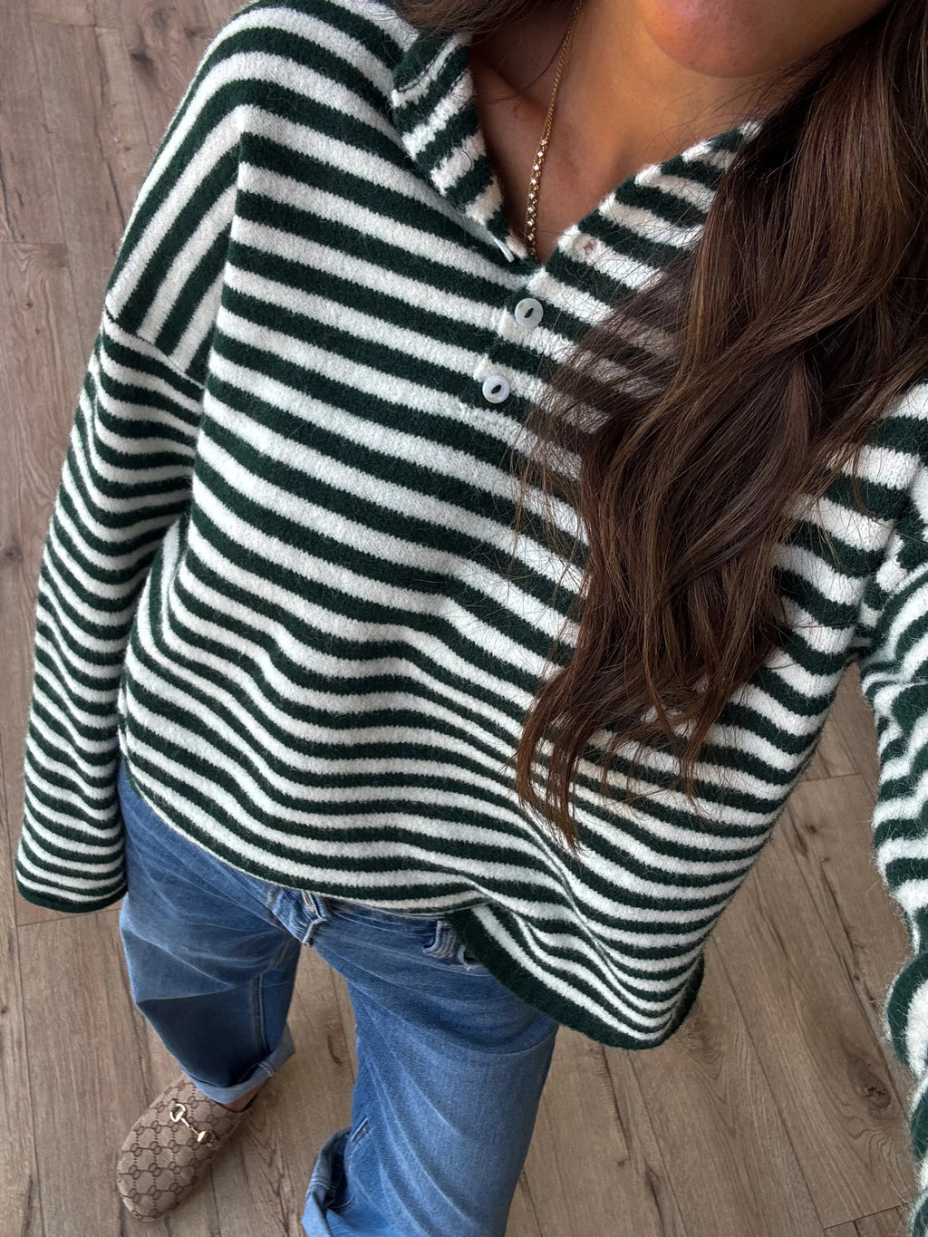Drop Shoulder Striped Henley Knit Sweater - green