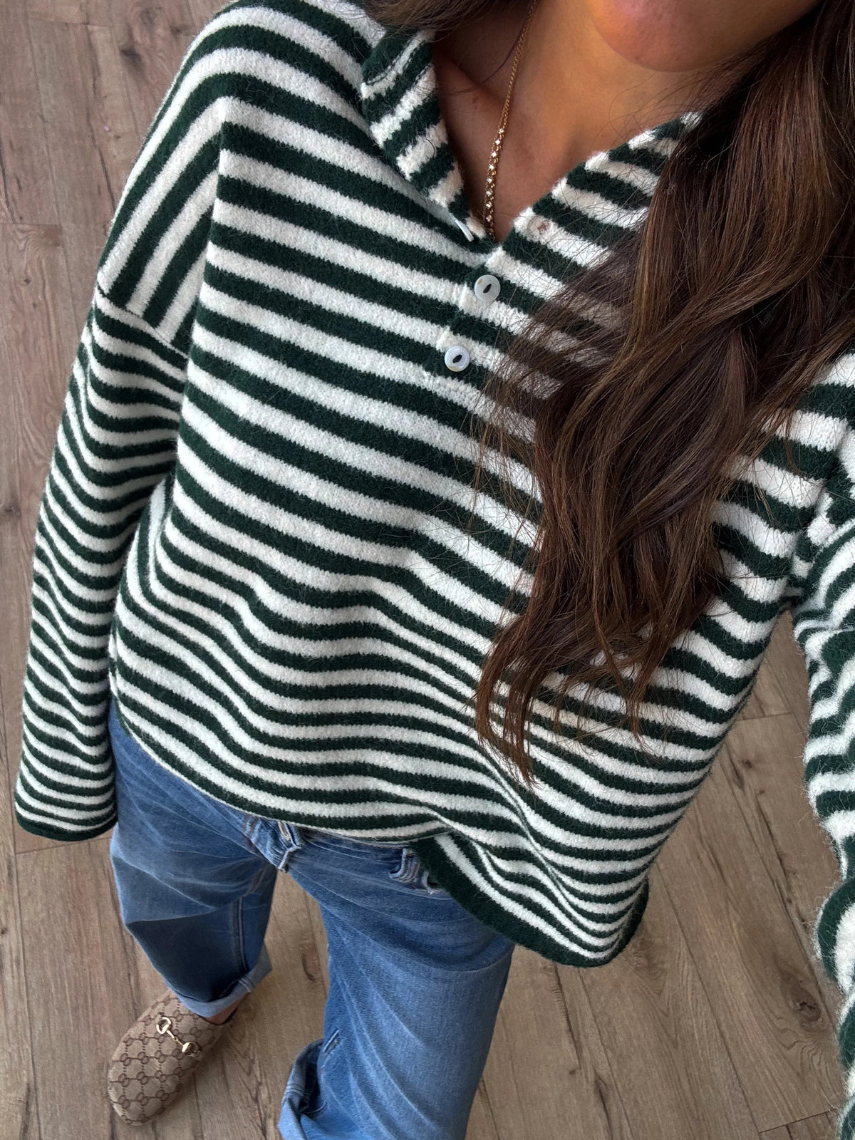Drop Shoulder Striped Henley Knit Sweater - green