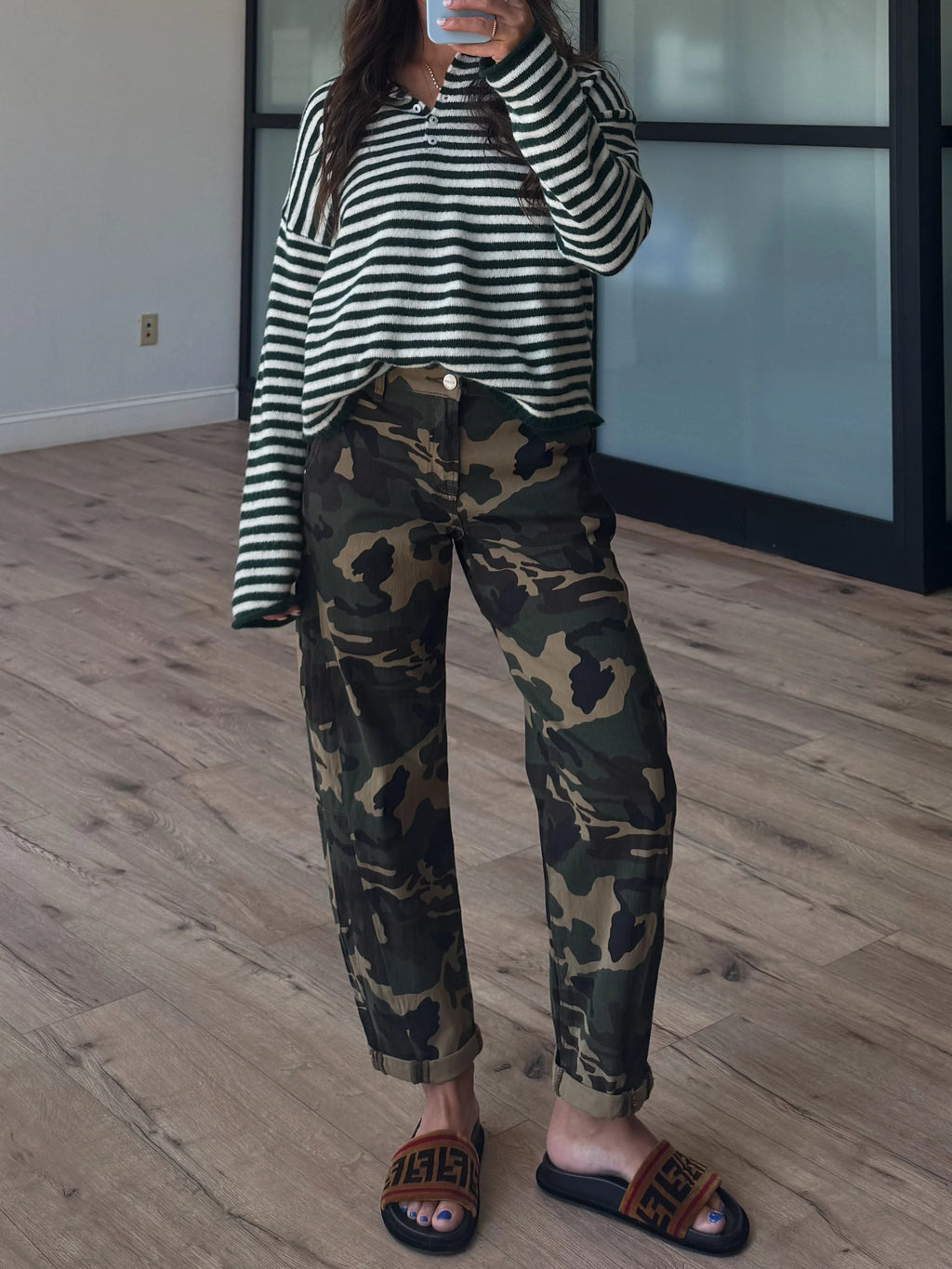 Drop Shoulder Striped Henley Knit Sweater - green - 1