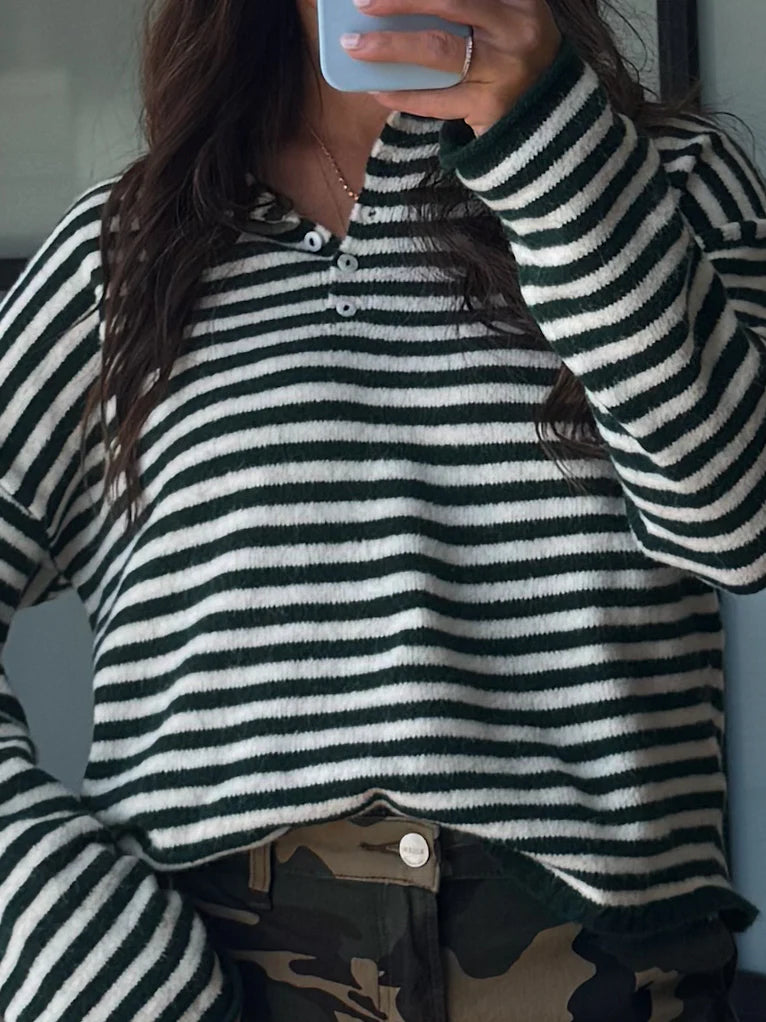 Drop Shoulder Striped Henley Knit Sweater - green - 2