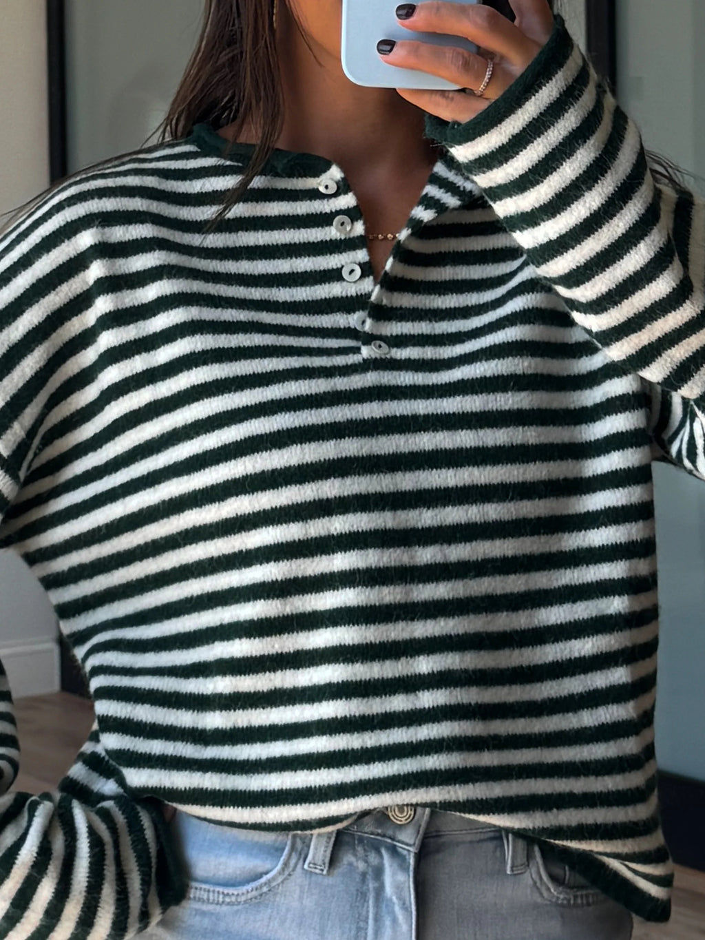 Drop Shoulder Striped Henley Knit Sweater - green - 3