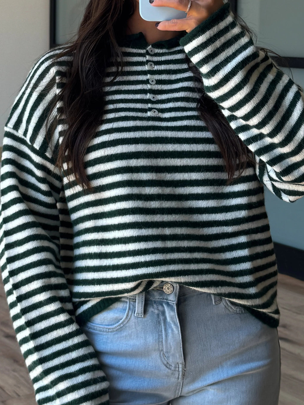 Drop Shoulder Striped Henley Knit Sweater - green - 4