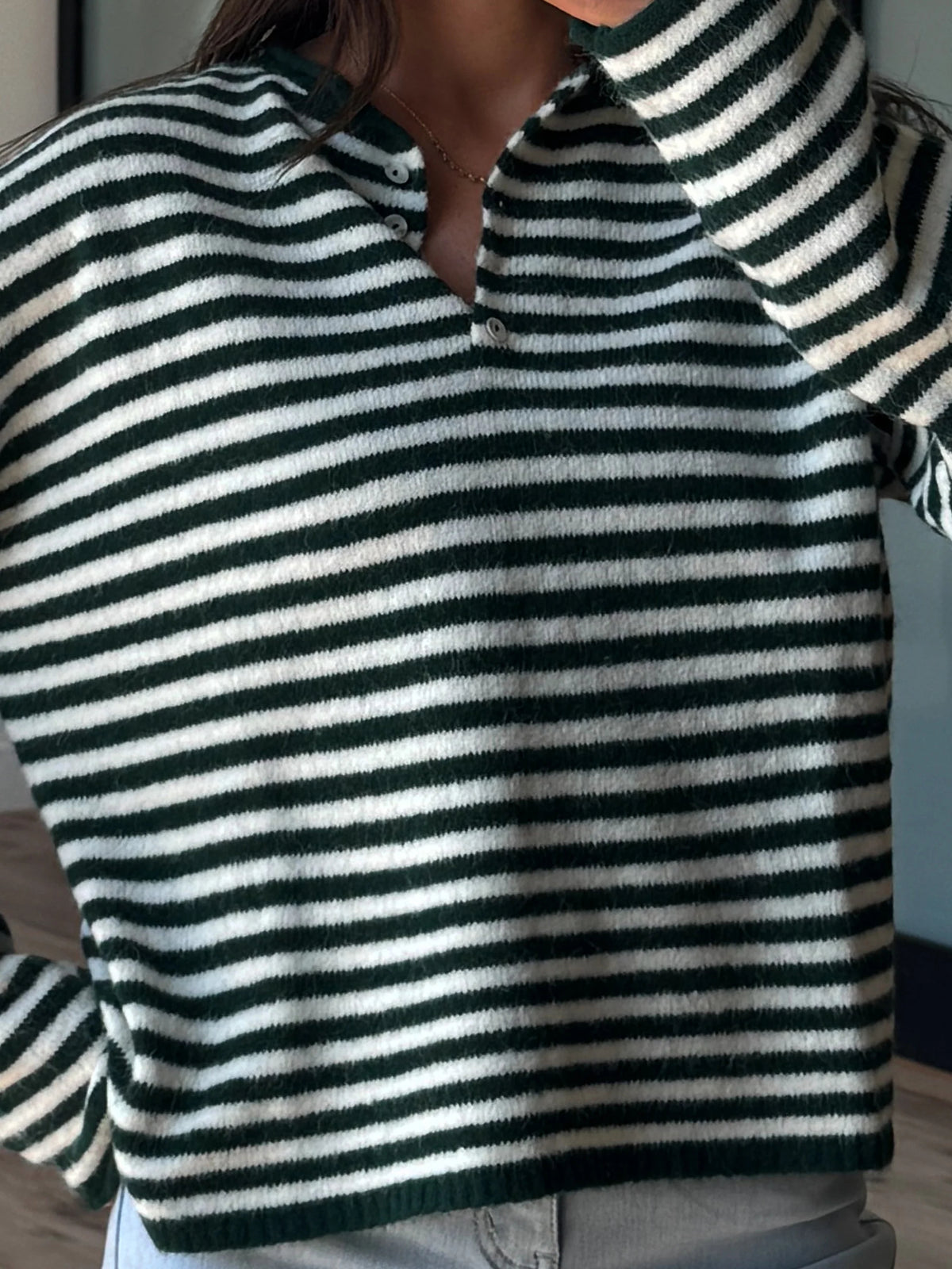 Drop Shoulder Striped Henley Knit Sweater - green - 5
