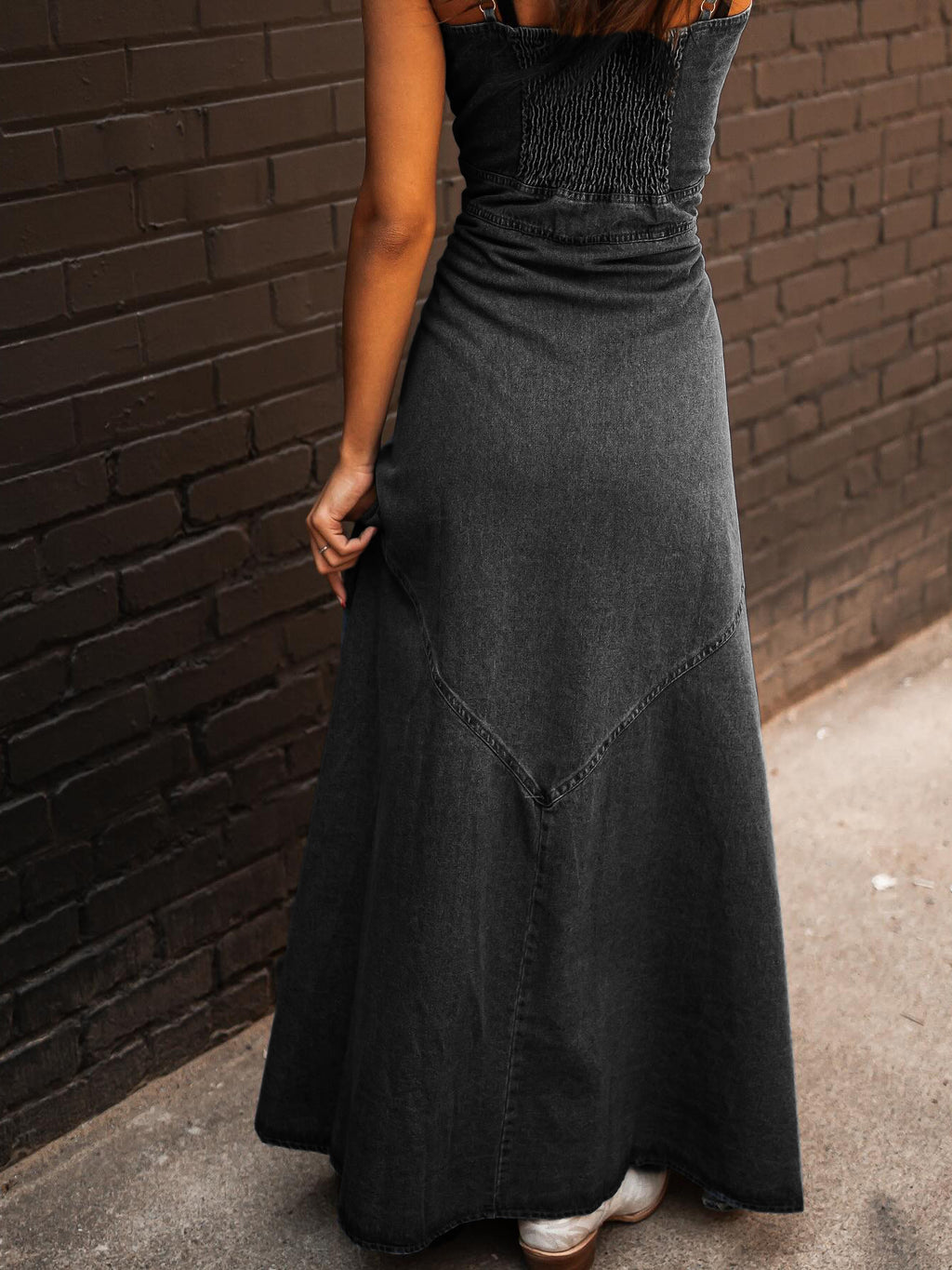 Button Front Denim Maxi Dress With Slit - DarkGrey - 1