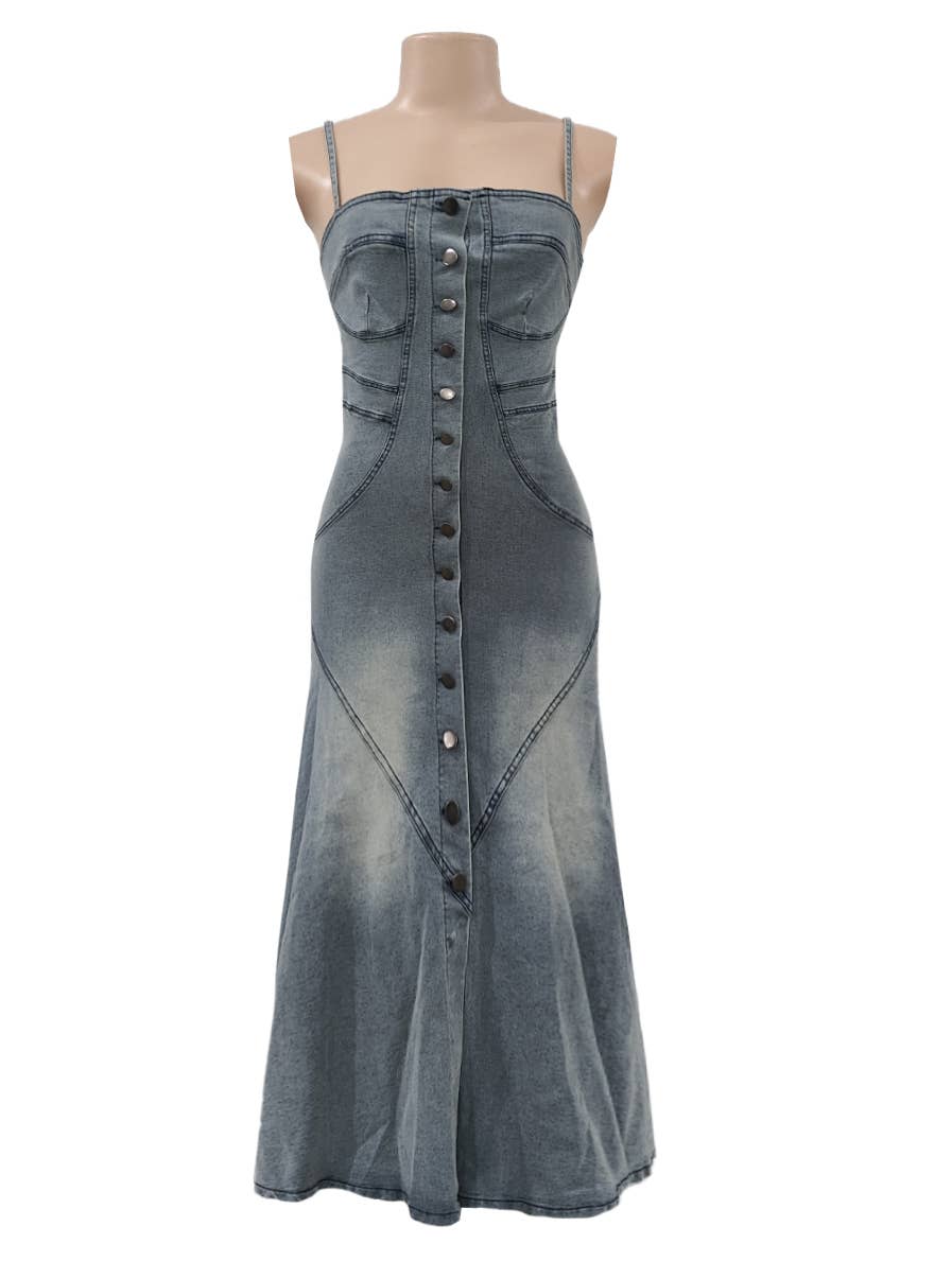 Button Front Denim Maxi Dress With Slit