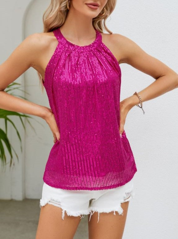 Shimmer Pleated Halter Neck Sleeveless Blouse - RoseRed - 2