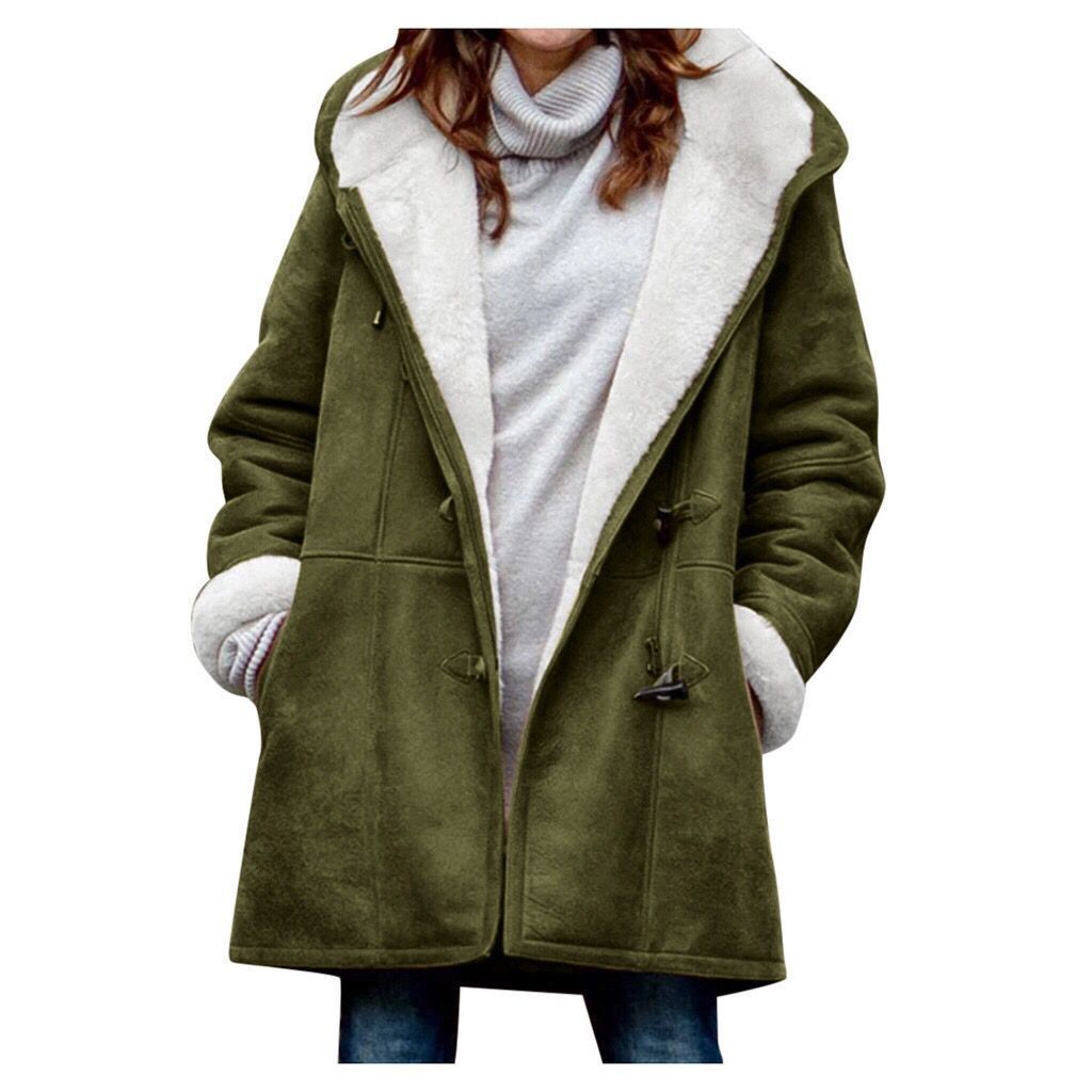 Sherpa Lined Toggle Front Hooded Suede Coat - Green