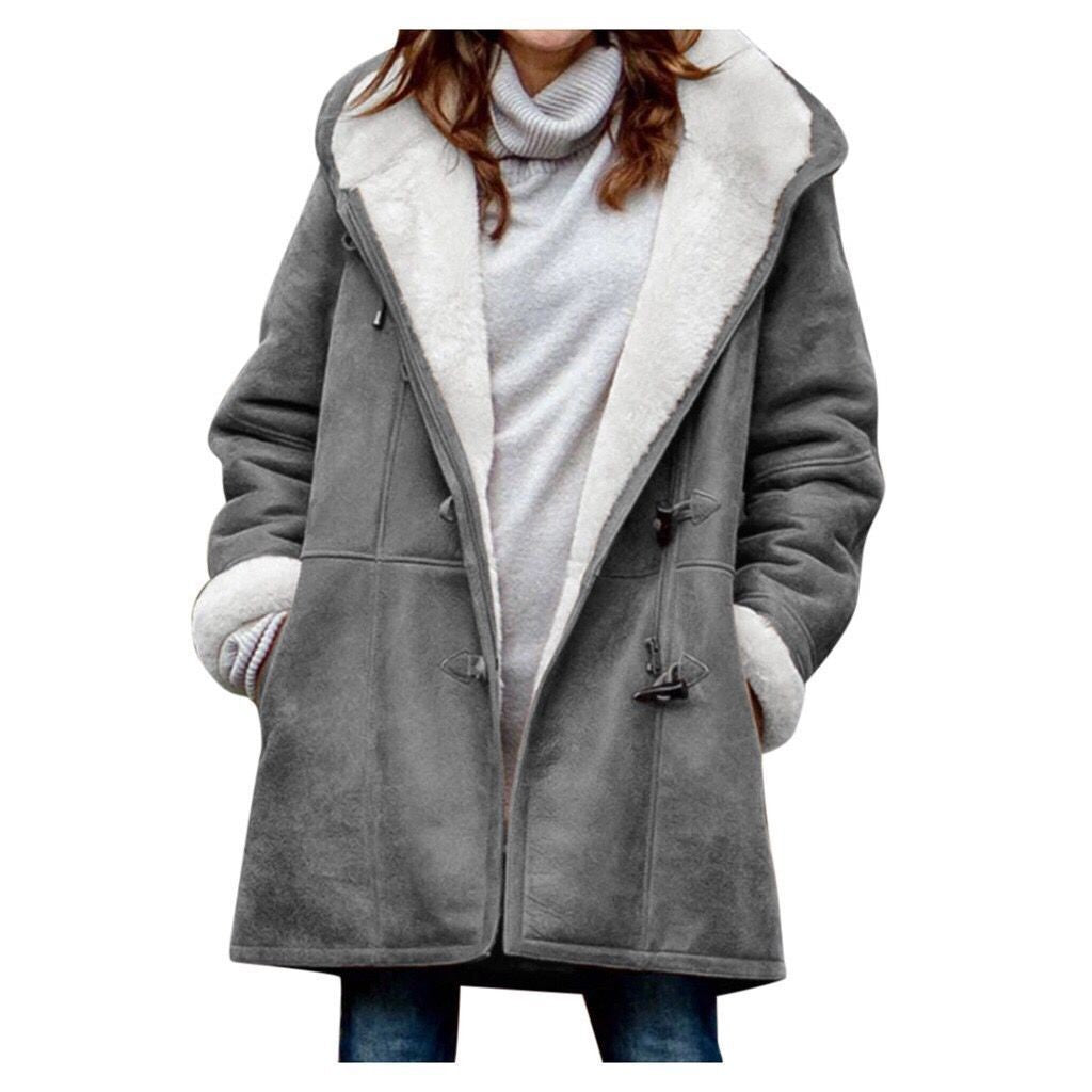 Sherpa Lined Toggle Front Hooded Suede Coat - Grey