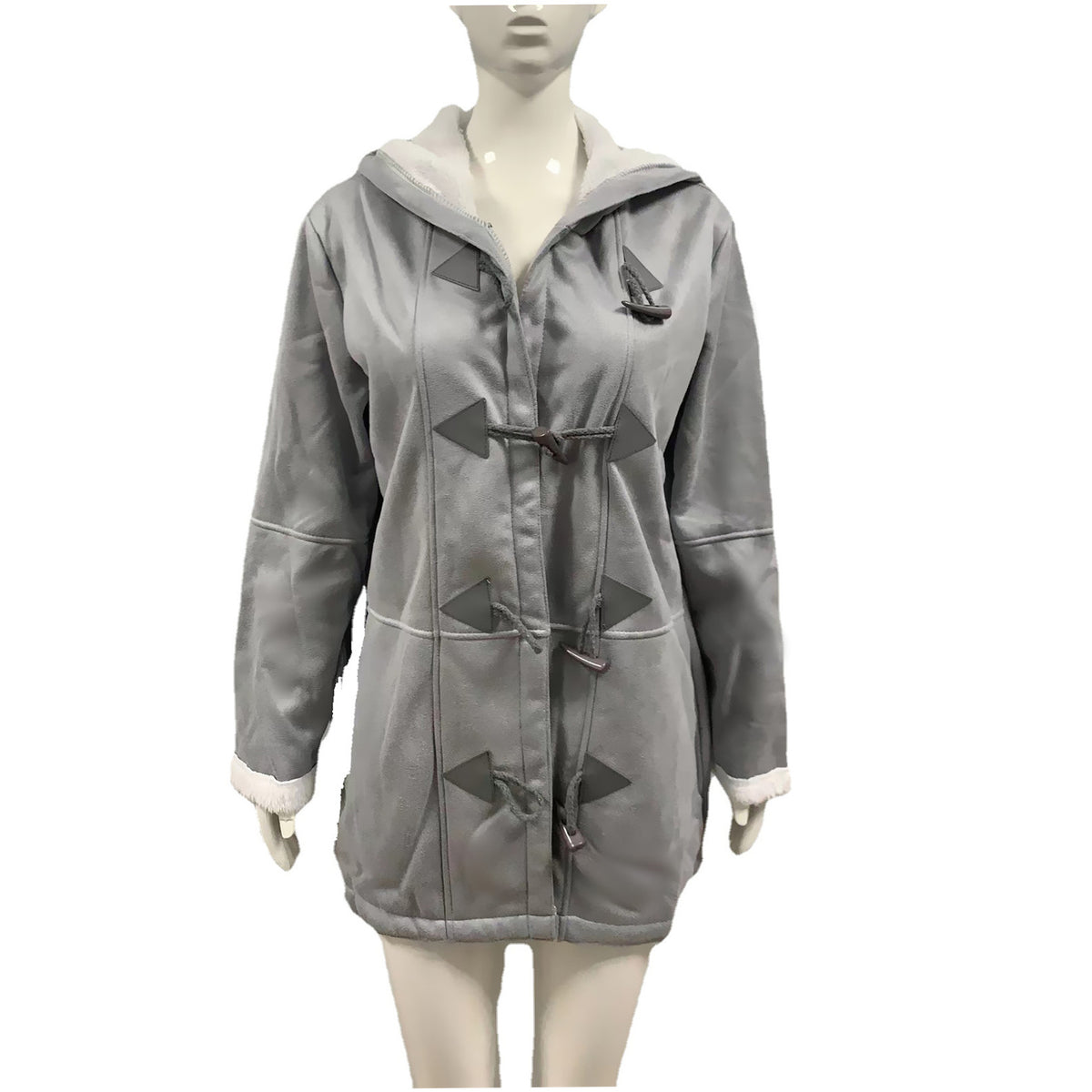 Sherpa Lined Toggle Front Hooded Suede Coat - Grey - 1