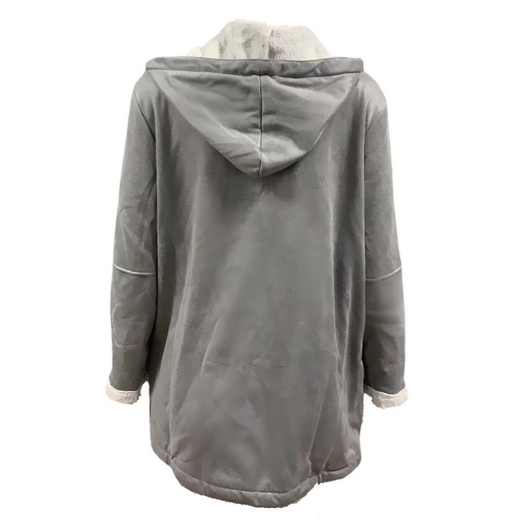 Sherpa Lined Toggle Front Hooded Suede Coat - Grey - 2
