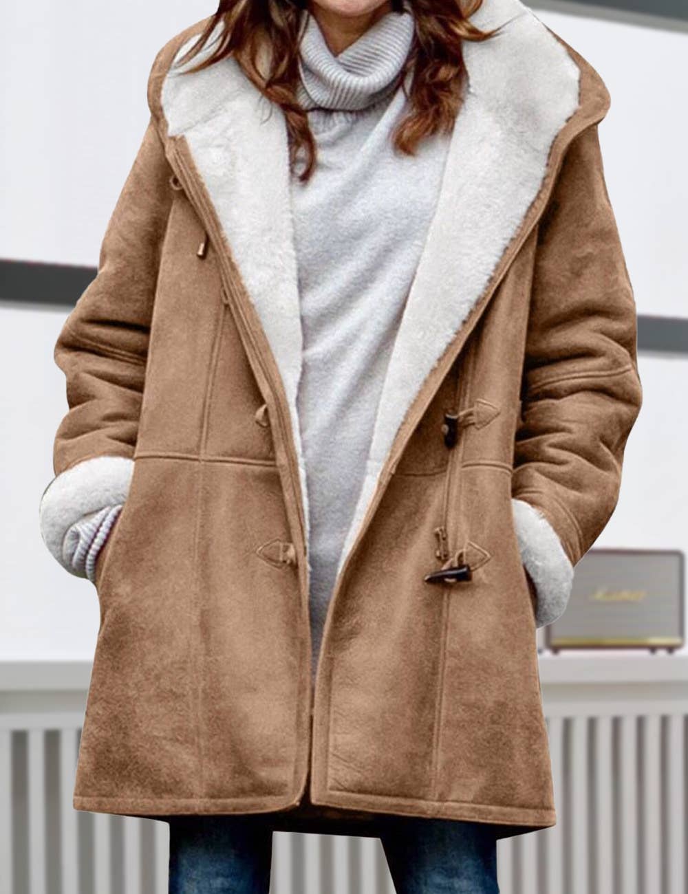 Sherpa Lined Toggle Front Hooded Suede Coat