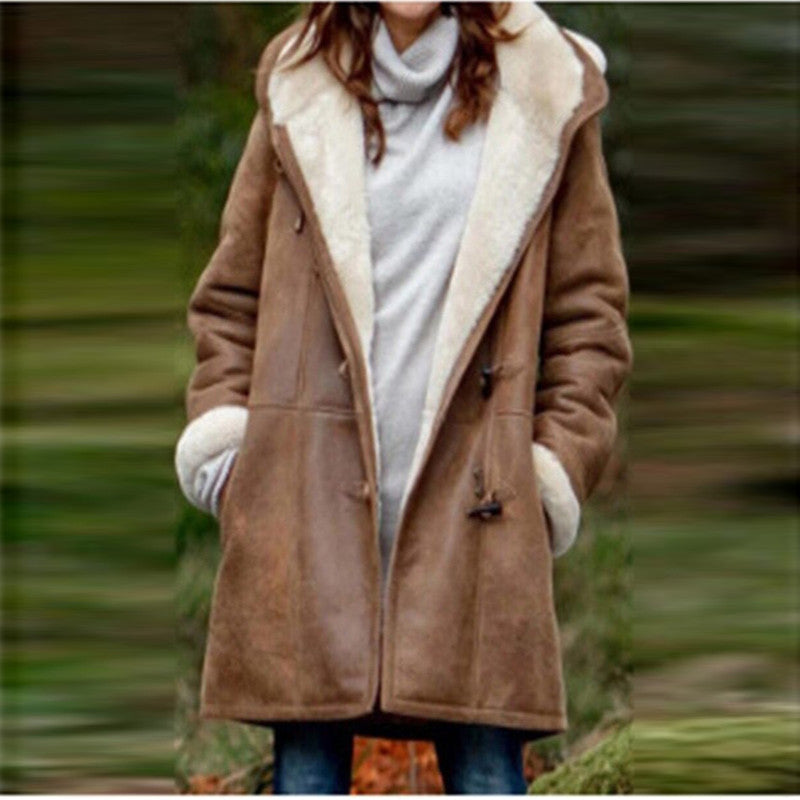 Sherpa Lined Toggle Front Hooded Suede Coat - view 1