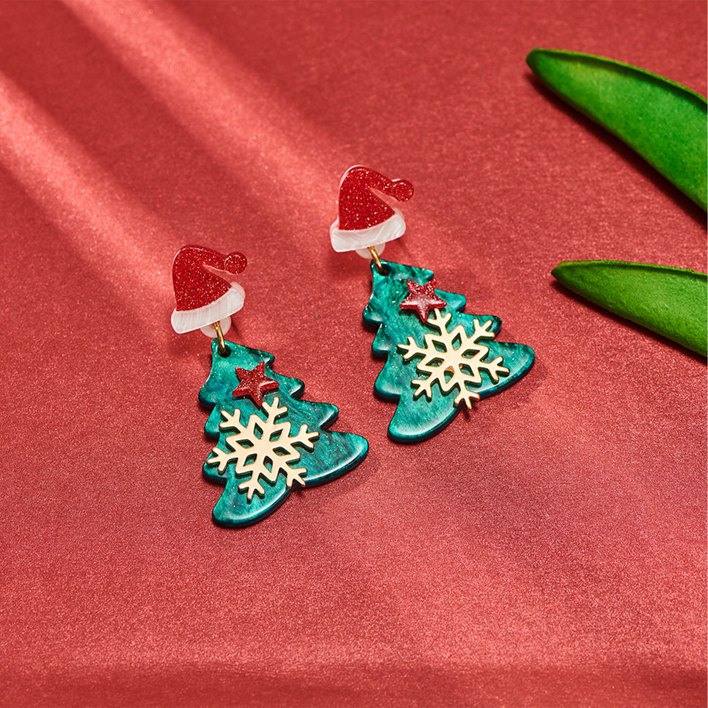 Santa Hat and Tree Drop Earrings - Green - 2