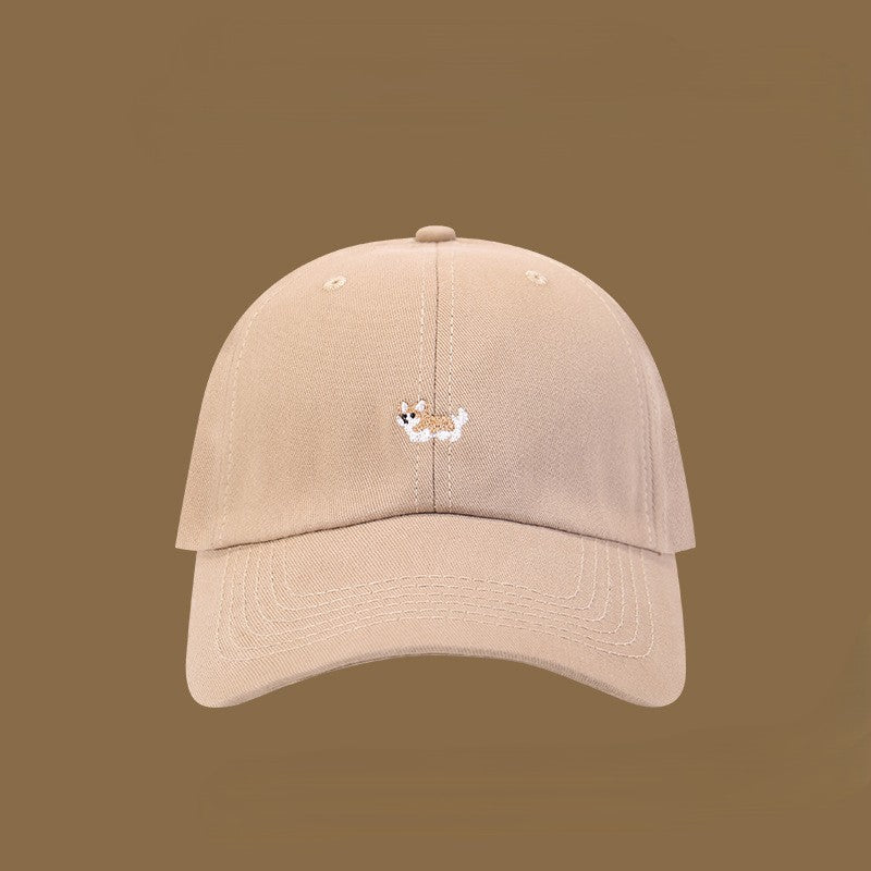 Corgi Puppy Embroidered Baseball Cap - Khaki