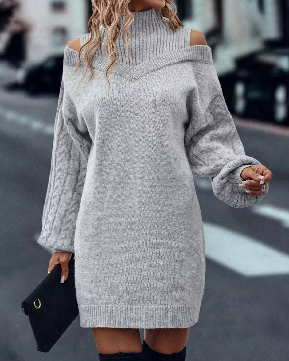 Cutout Shoulder Turtleneck Cable Sweater Dress - Gray