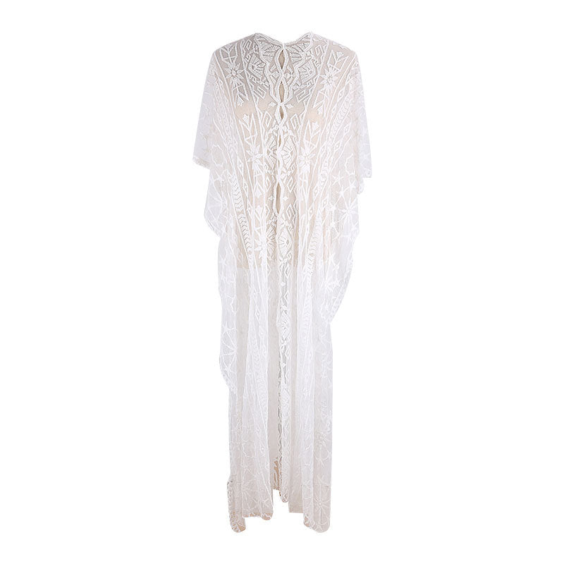 Sheer Floral Lace Maxi Kaftan Cover Up - White