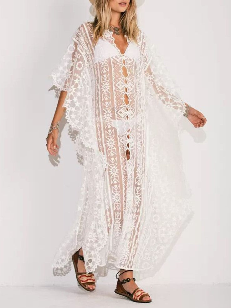 Sheer Floral Lace Maxi Kaftan Cover Up - White - 2