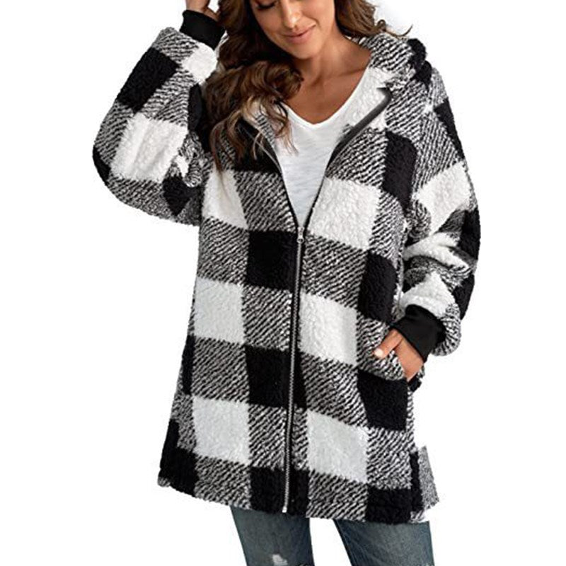 Buffalo Plaid Hooded Sherpa Zip Jacket - Black