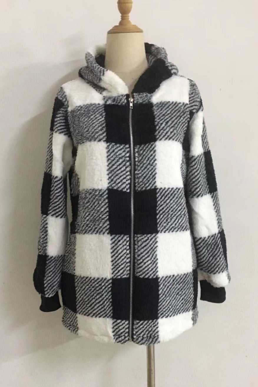 Buffalo Plaid Hooded Sherpa Zip Jacket - Black - 1