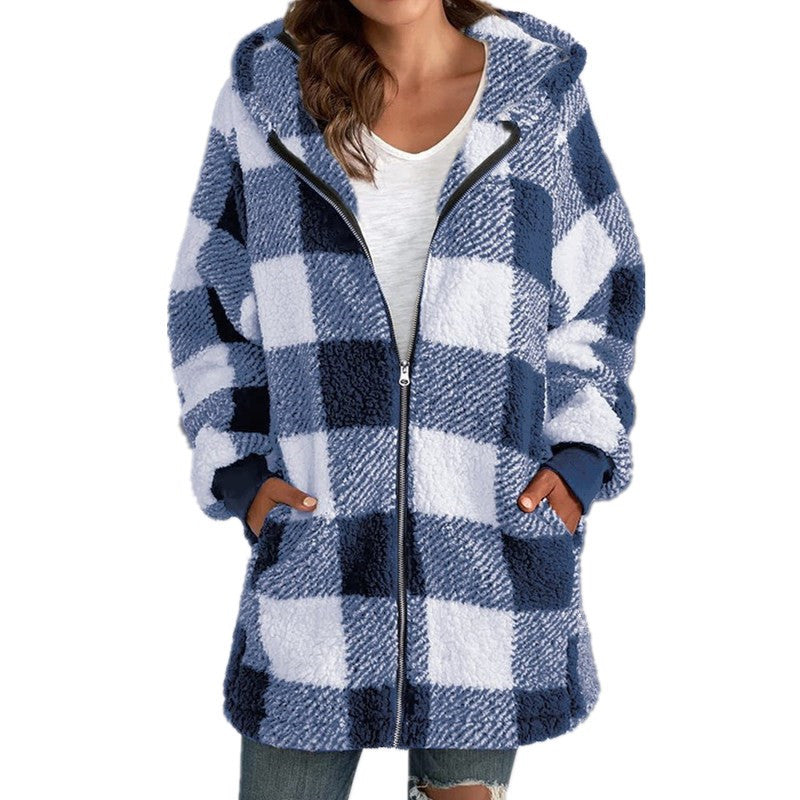 Buffalo Plaid Hooded Sherpa Zip Jacket - Blue