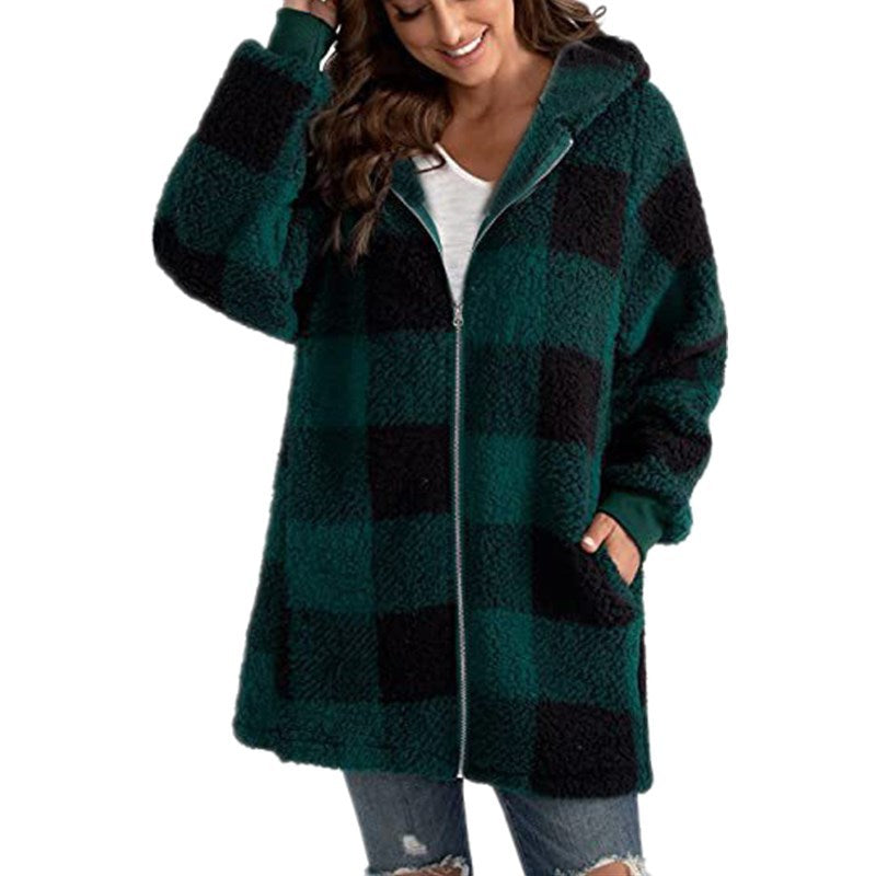 Buffalo Plaid Hooded Sherpa Zip Jacket - Green