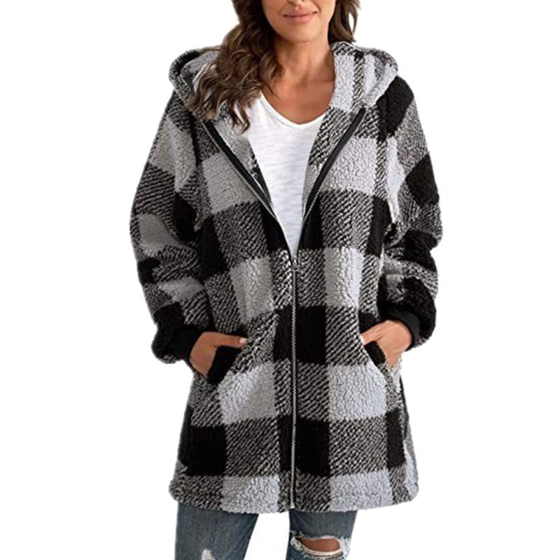 Buffalo Plaid Hooded Sherpa Zip Jacket - Grey