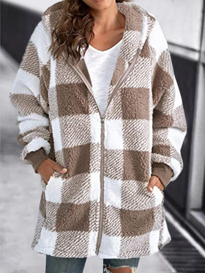 Buffalo Plaid Hooded Sherpa Zip Jacket - Khaki