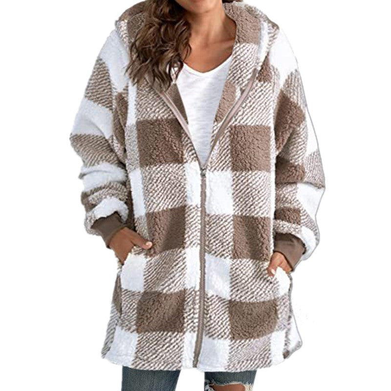 Buffalo Plaid Hooded Sherpa Zip Jacket - Khaki - 1