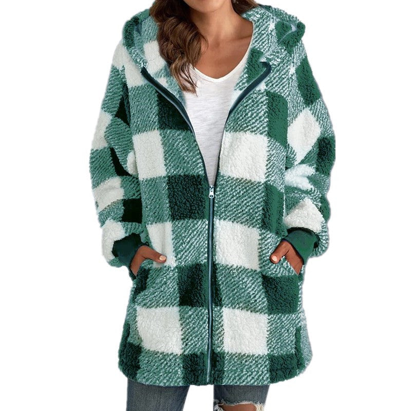 Buffalo Plaid Hooded Sherpa Zip Jacket - Lightgreen