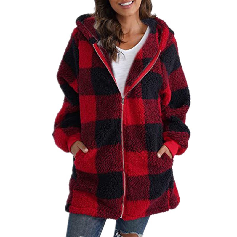 Buffalo Plaid Hooded Sherpa Zip Jacket - Red