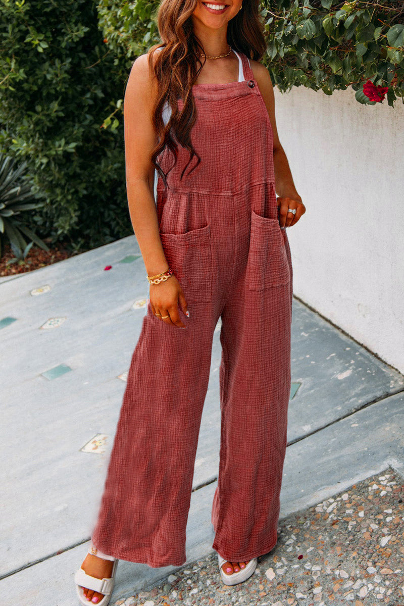 Wide Leg Bib Overall Jumpsuit With Pockets - Red