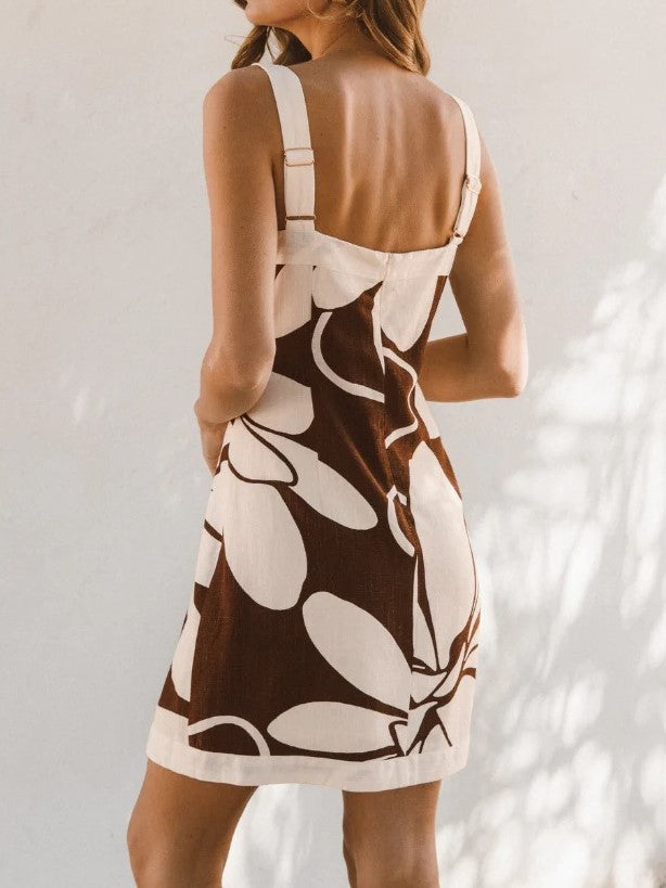 Leaf Print Square Neck Mini Dress - Floral - 2