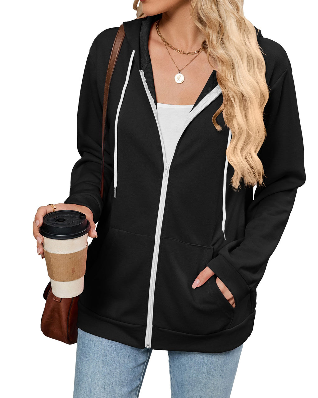Contrast Drawstring Zip Up Hooded Jacket - C1