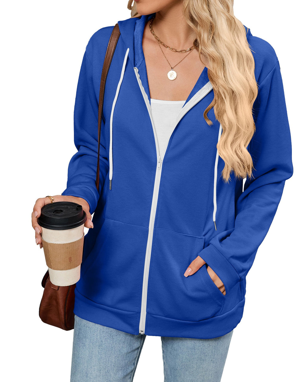 Contrast Drawstring Zip Up Hooded Jacket - C2