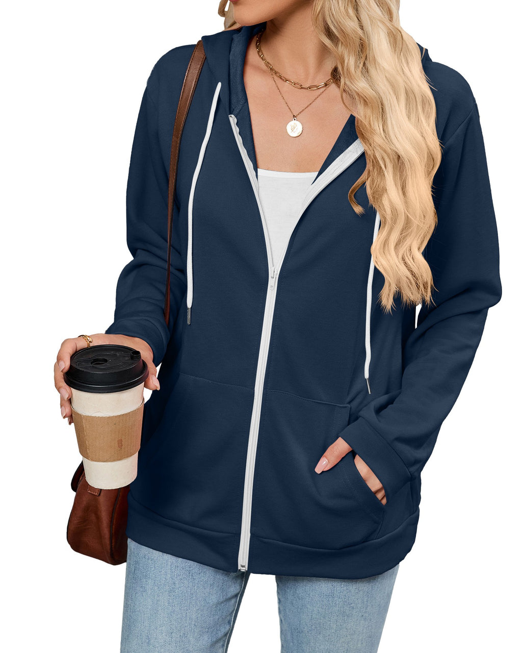 Contrast Drawstring Zip Up Hooded Jacket - C3