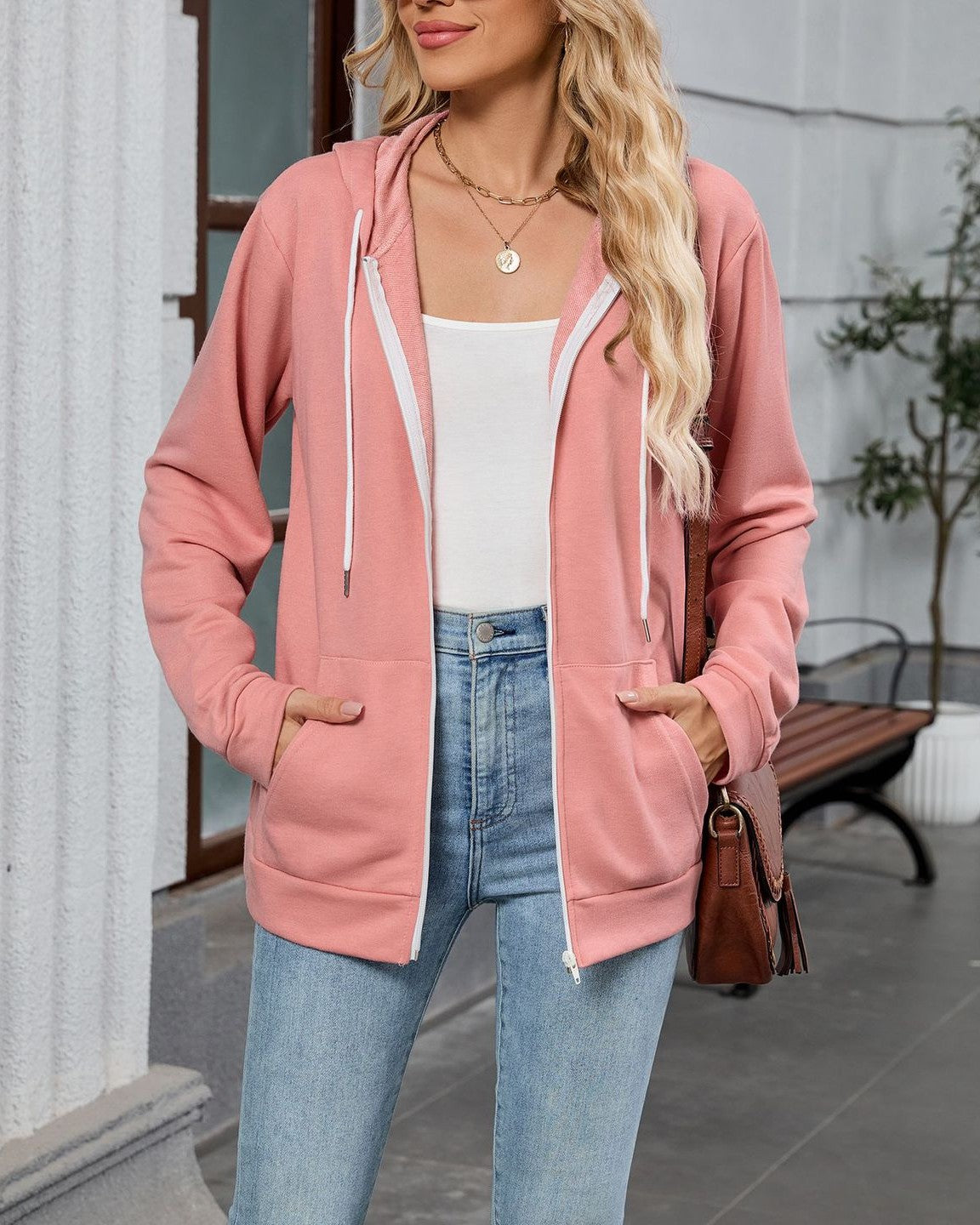 Contrast Drawstring Zip Up Hooded Jacket - C7