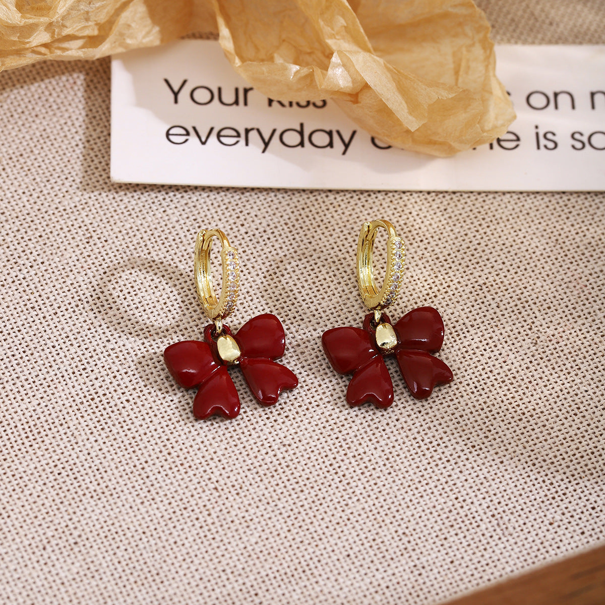 Bow Charm Pave Huggie Hoop Earrings - Red