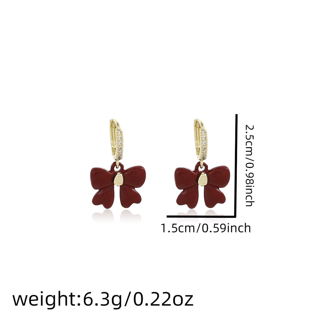 Bow Charm Pave Huggie Hoop Earrings - Red - 1