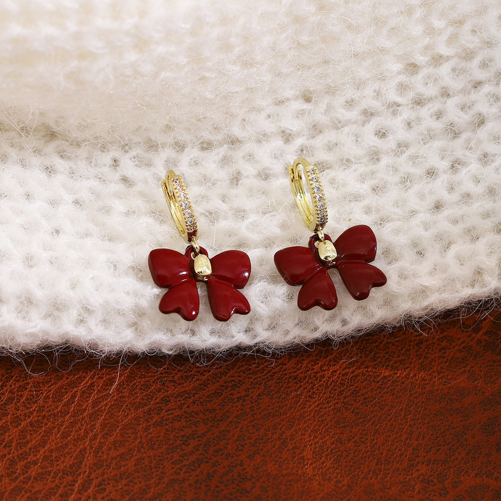 Bow Charm Pave Huggie Hoop Earrings - Red - 2