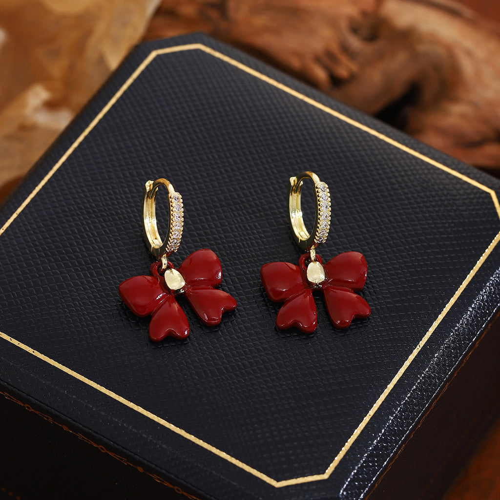 Bow Charm Pave Huggie Hoop Earrings - Red - 3