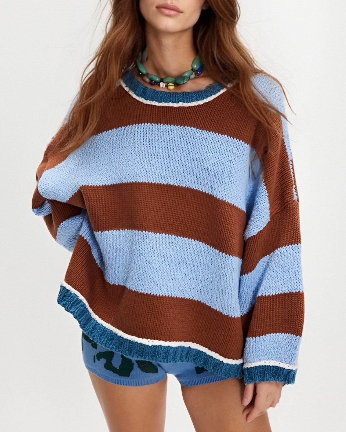Wide Stripe Oversized Crewneck Sweater - Coffee