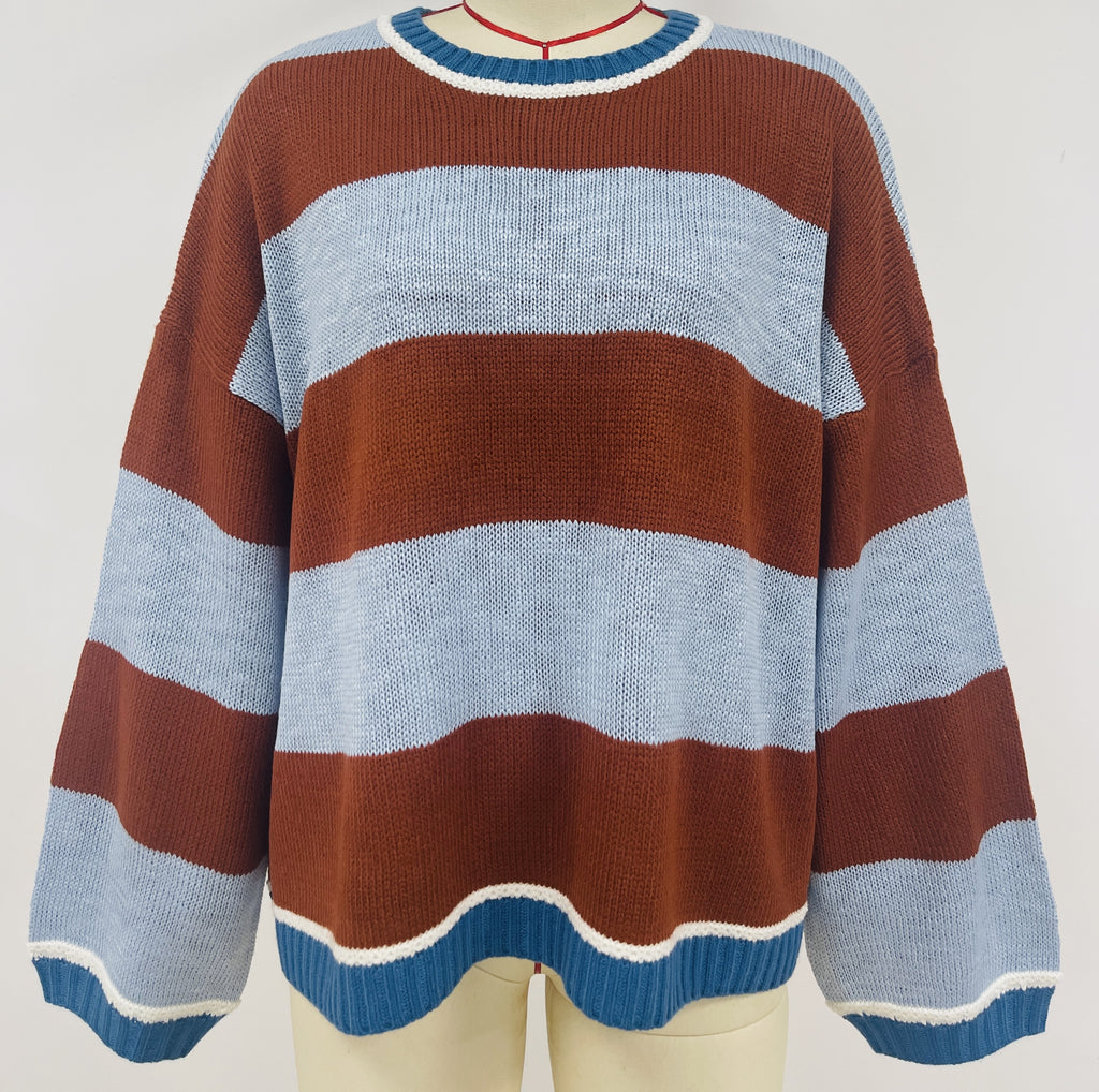 Wide Stripe Oversized Crewneck Sweater - Coffee - 1