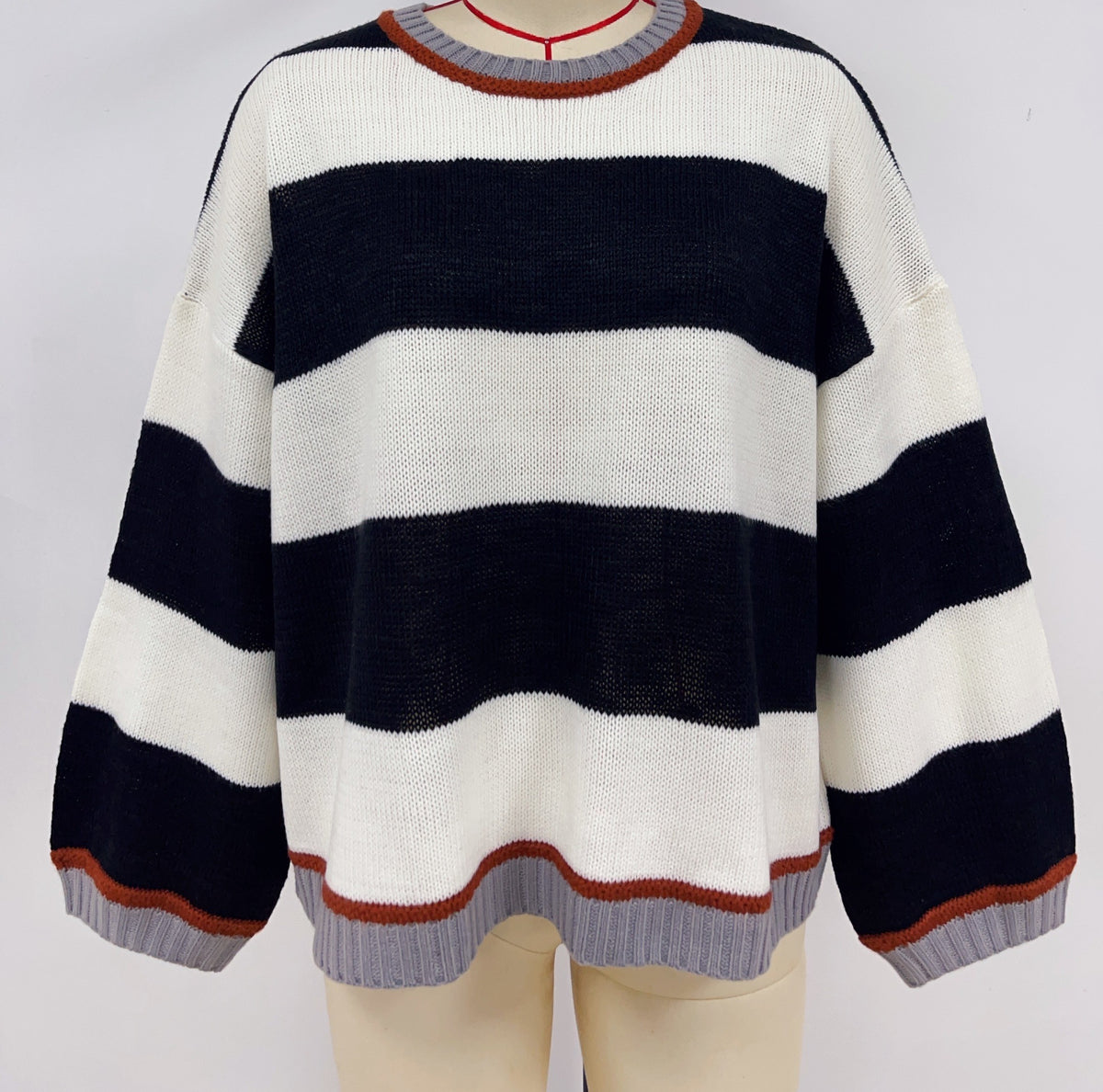 Wide Stripe Oversized Crewneck Sweater - White