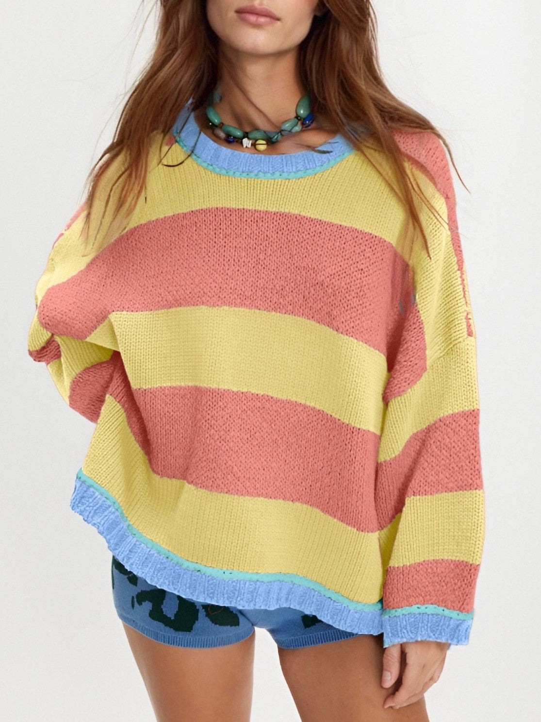 Wide Stripe Oversized Crewneck Sweater - Yellow - 1
