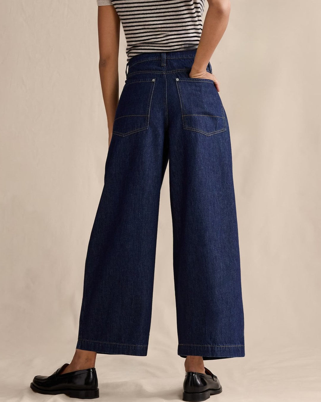 Pleated Wide Leg Button Fly Jeans - Dark-Blue