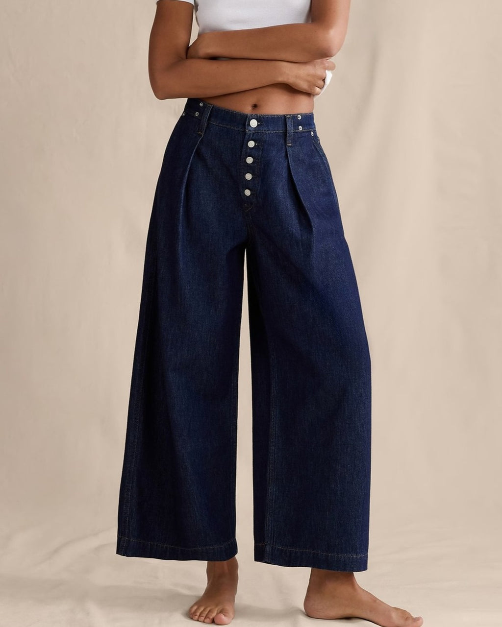 Pleated Wide Leg Button Fly Jeans - Dark-Blue - 1