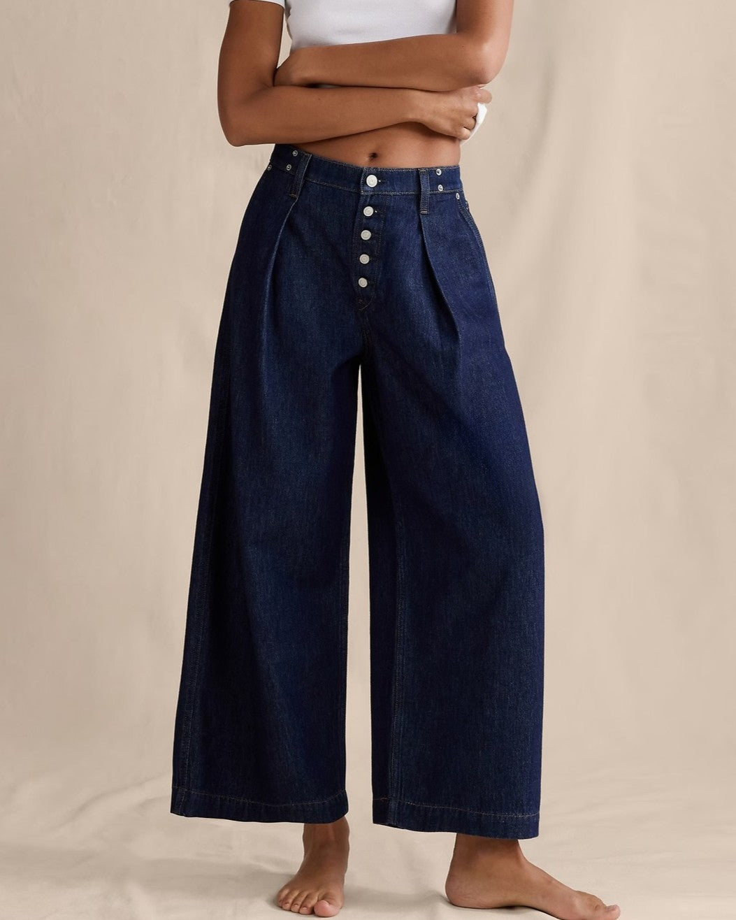 Pleated Wide Leg Button Fly Jeans - Dark-Blue - 1