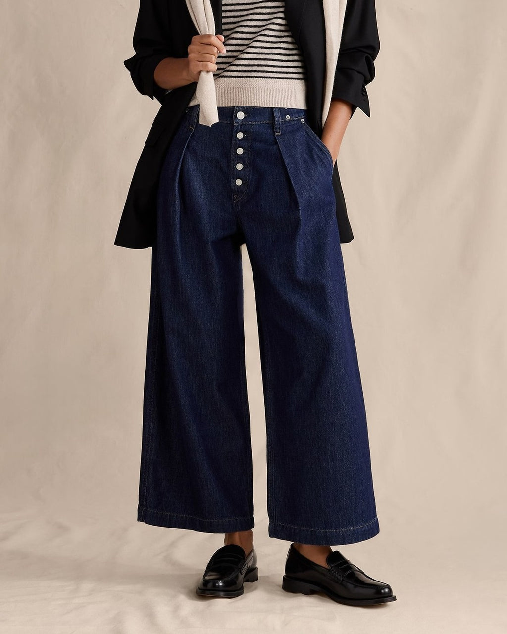 Pleated Wide Leg Button Fly Jeans - Dark-Blue - 2