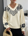 Rose Pattern Yoke V-Neck Pullover Sweater - Apricot
